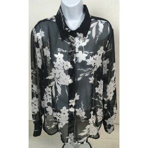 Croft n Barrow Top Women Size XL Sheer Black White Flowers Button up Long Sleeve